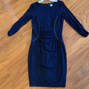 Cache’ Size Large Navy blue dress with black faux leather trim